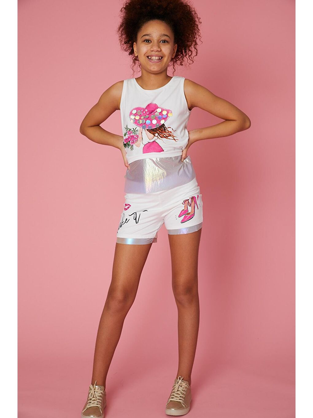 Ekru Kız Çocuk Baskılı Paraşüt Şort-1