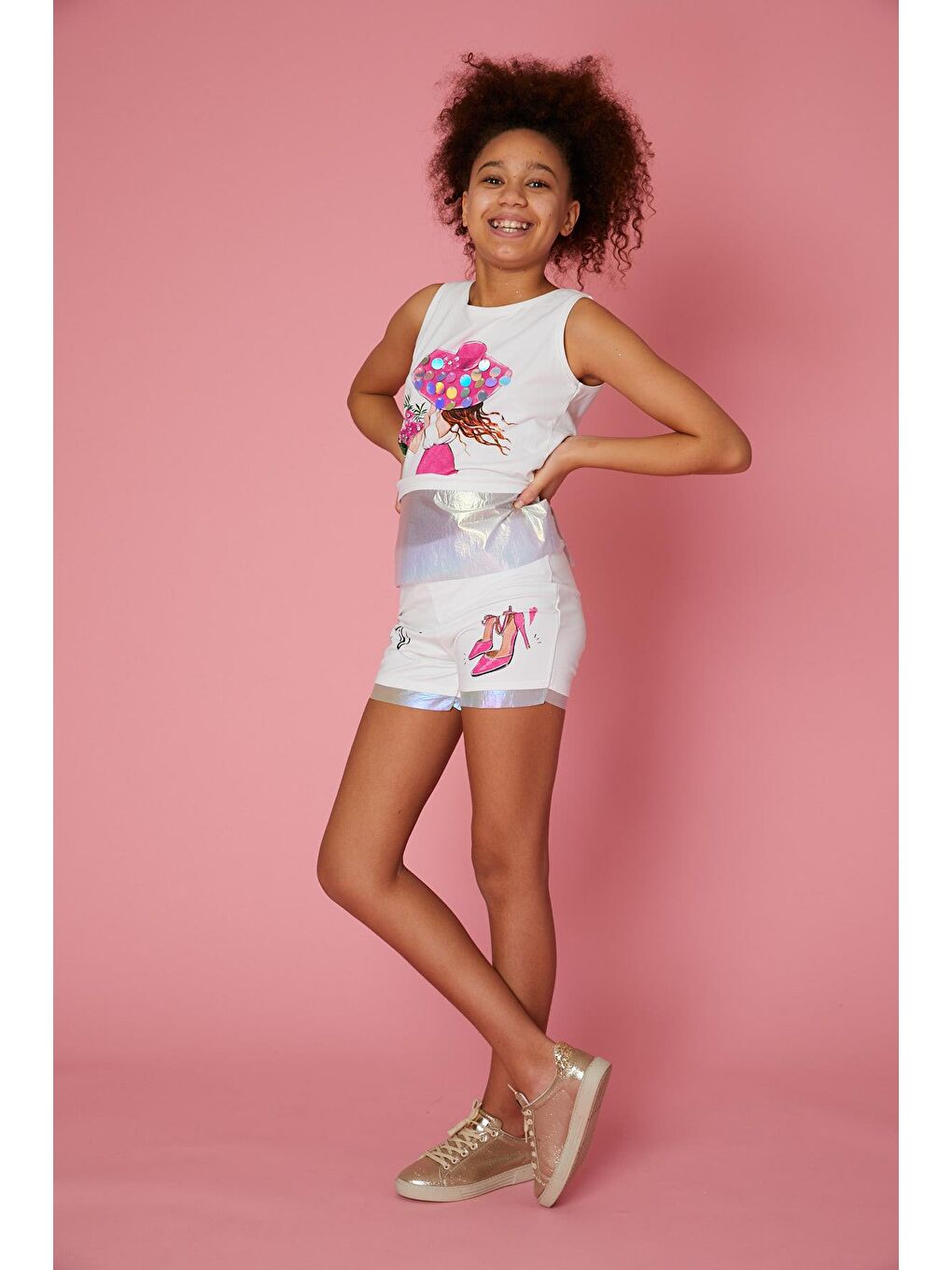 Ekru Kız Çocuk Baskılı Paraşüt Şort-2