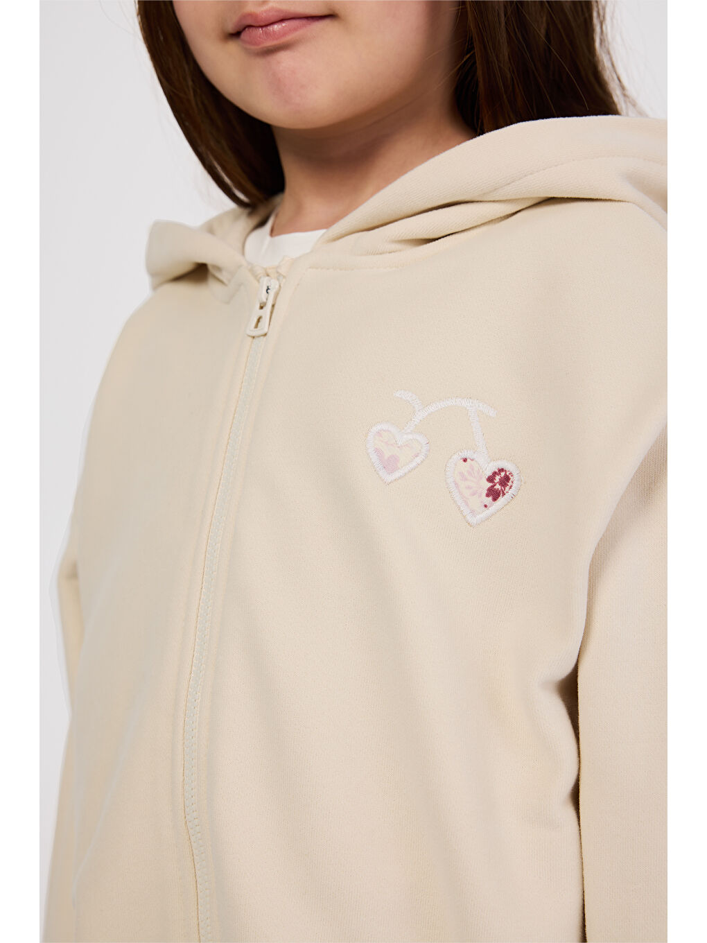 Kız Çocuk Fermuarlı Kalp Detaylı Bej Sweatshirt-1