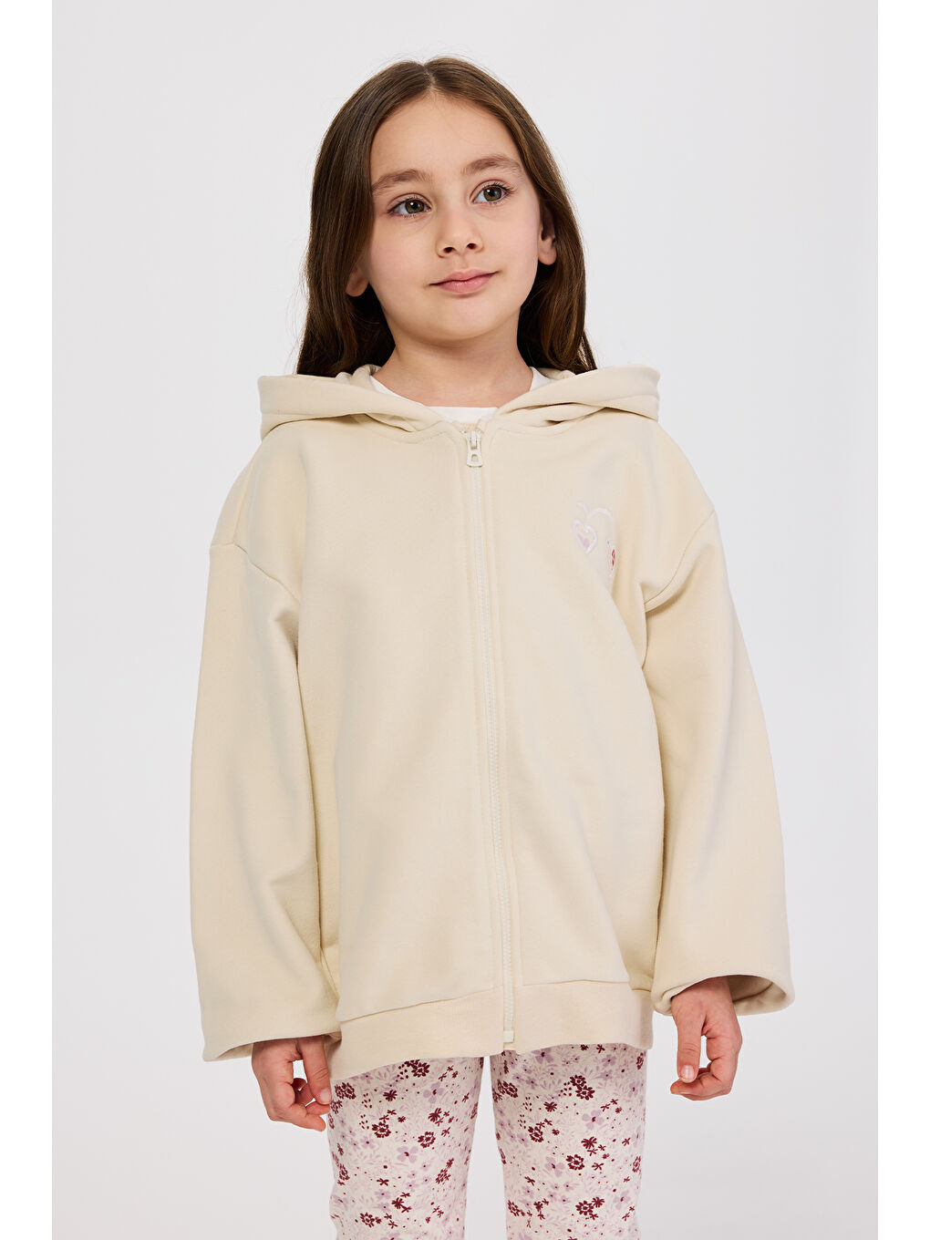 Kız Çocuk Fermuarlı Kalp Detaylı Bej Sweatshirt-6