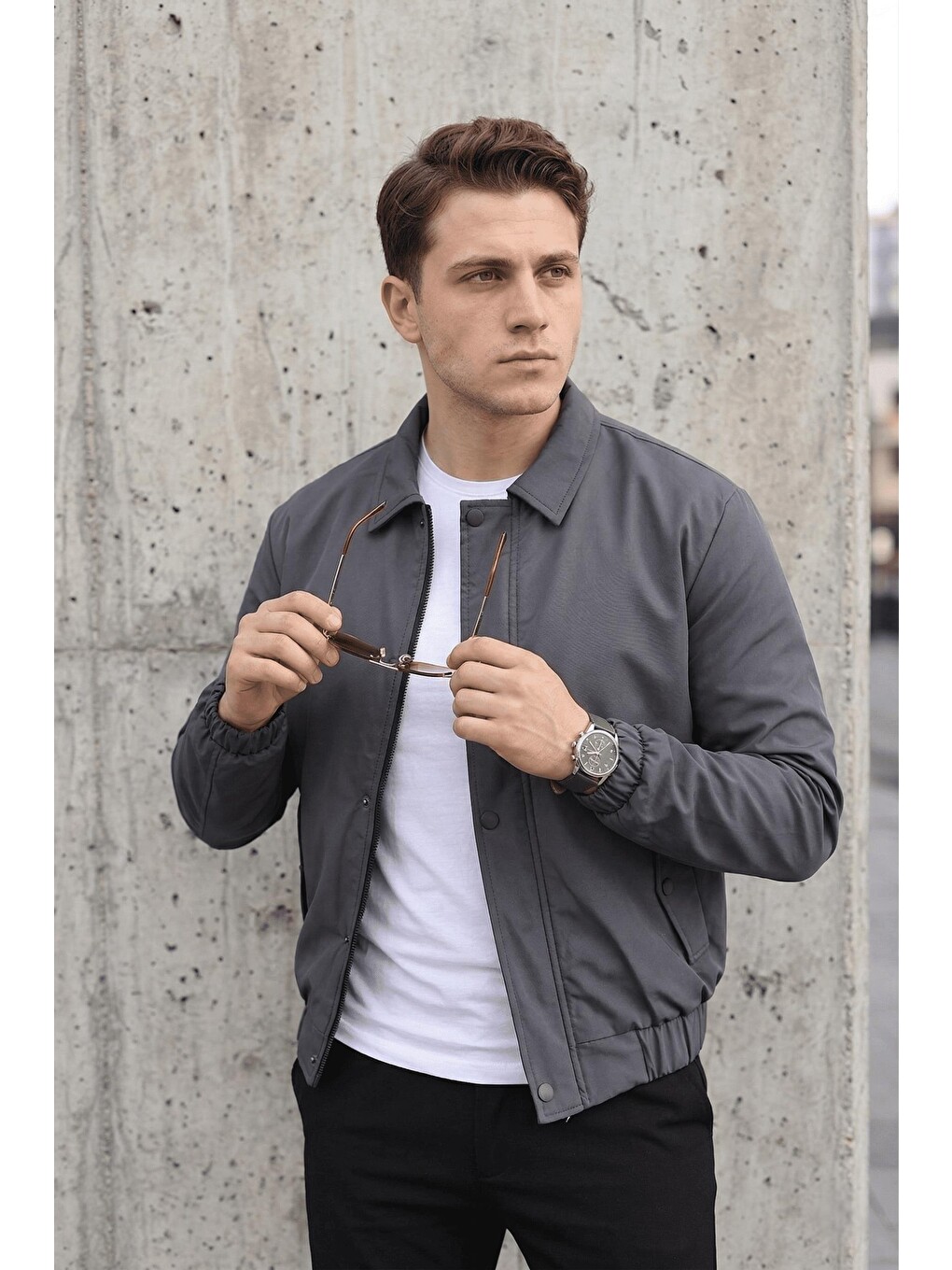 Gri Muxi Slim Fit Fermuarlı Ve Çıtçıt Korumalı Astarlı Suya Dayanıklı Erkek Mevsimlik Bomber Ceket-1