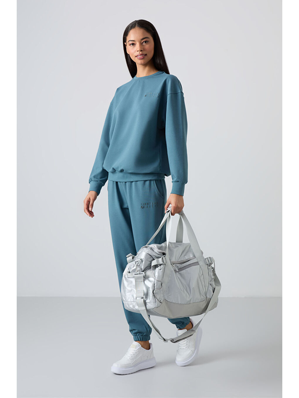 Orman Yeşili Basic Pamuklu O Yaka Oversize Lastik Paça Kadın Eşofman Takım - 95287-2