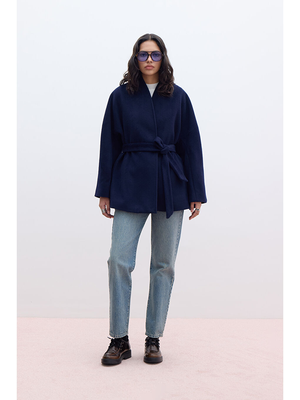 Kimono Tarzı Kaşe Kaban Lacivert-2