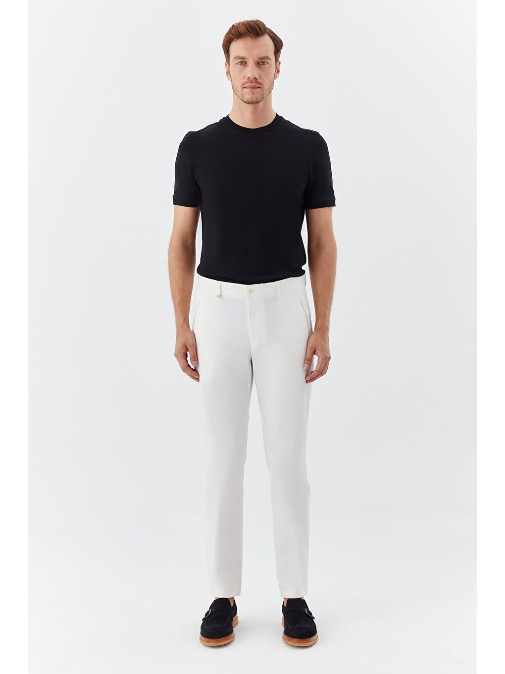 Erkek Beyaz Normal Kesim Regular Fit Dokuma Yan Cep Normal Bel Klasik Pantolon-1