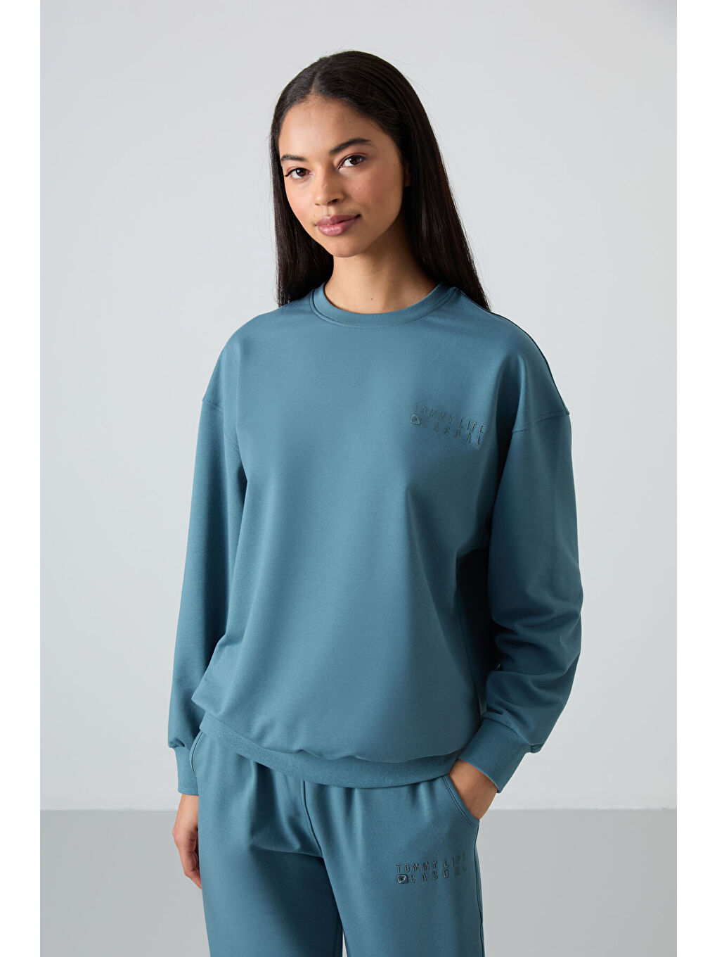 Orman Yeşili Basic Pamuklu O Yaka Oversize Lastik Paça Kadın Eşofman Takım - 95287-6