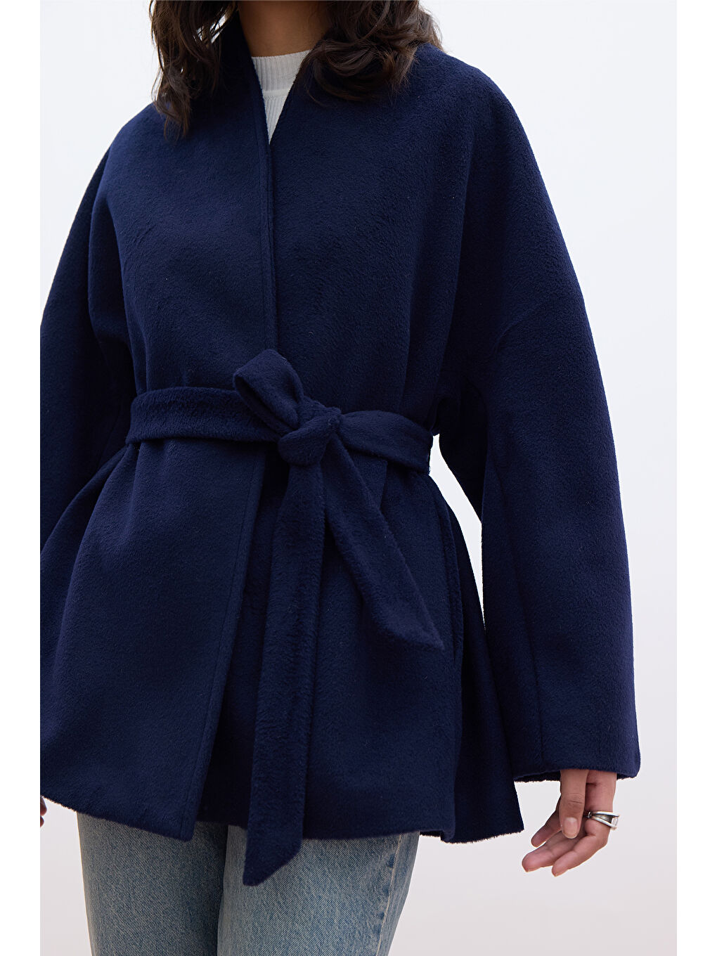 Kimono Tarzı Kaşe Kaban Lacivert-3