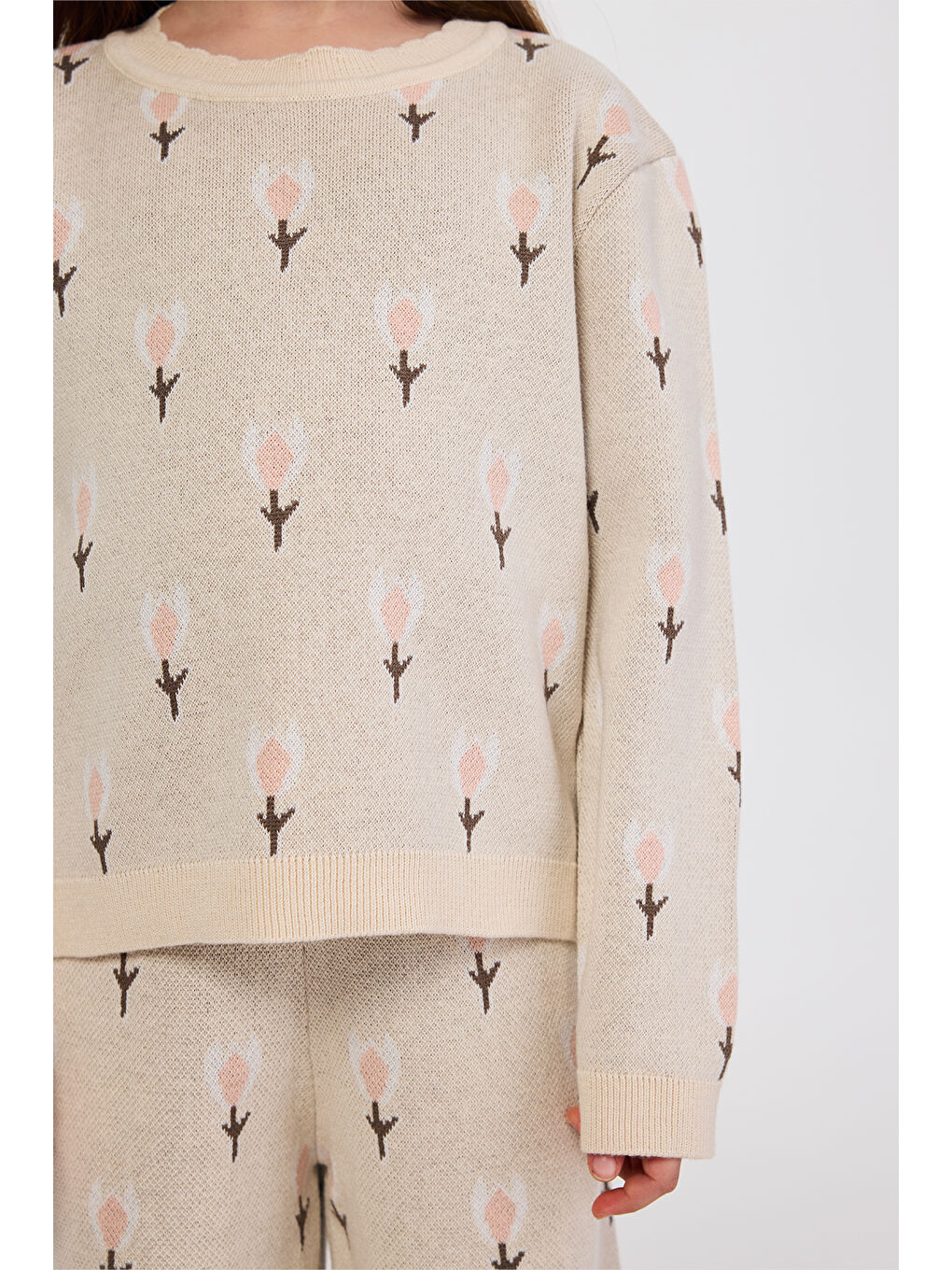 Kız Çocuk Beli Lastikli Bej 2'li Triko Takım-1