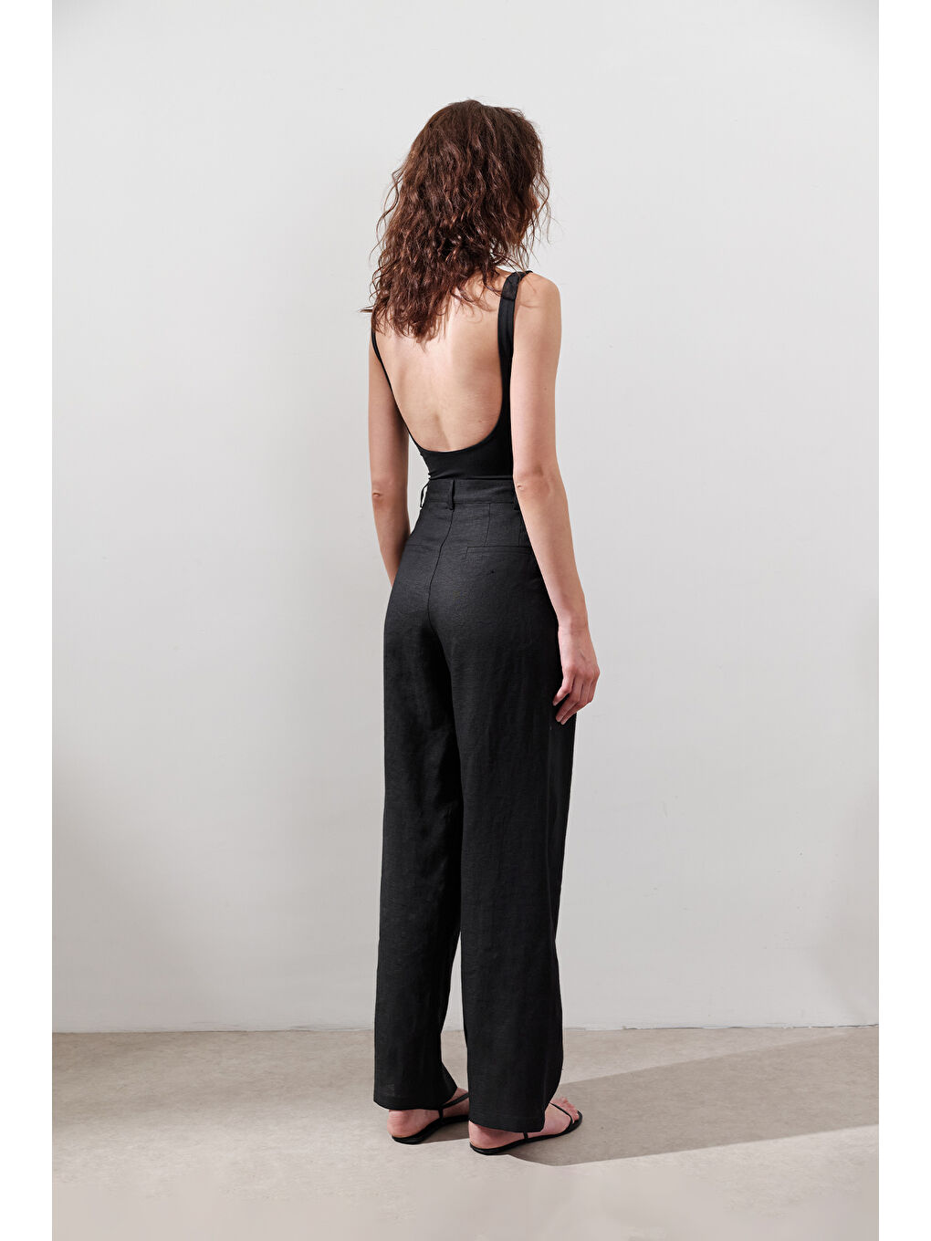Keten Pileli Geniş Pantolon Siyah-7