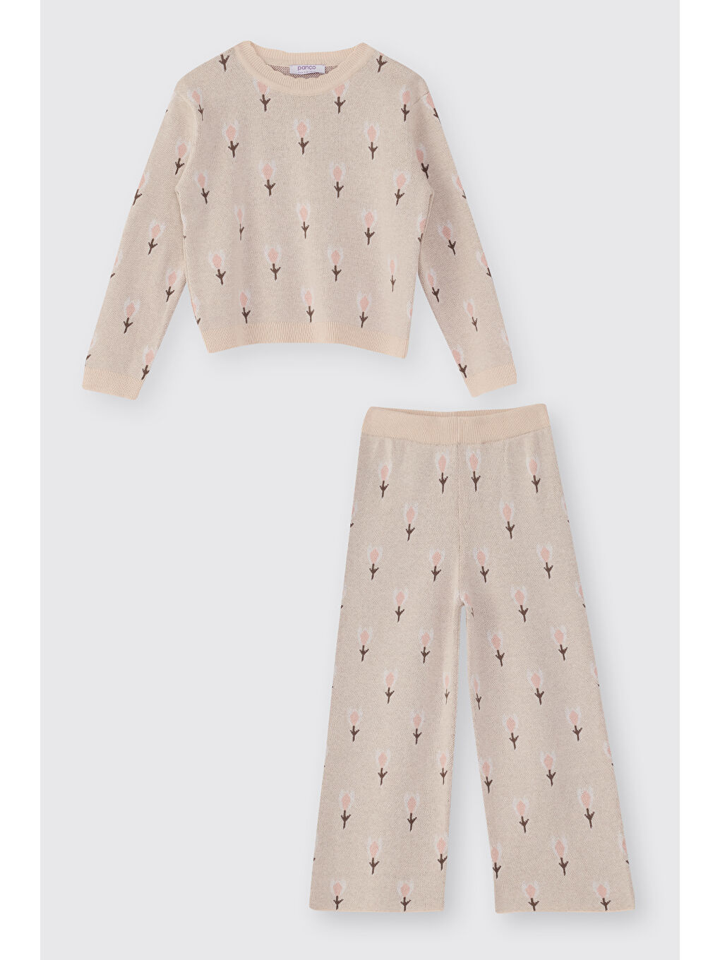 Kız Çocuk Beli Lastikli Bej 2'li Triko Takım-2