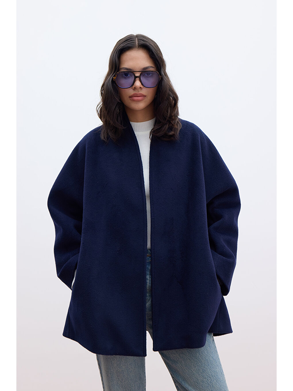 Kimono Tarzı Kaşe Kaban Lacivert-4