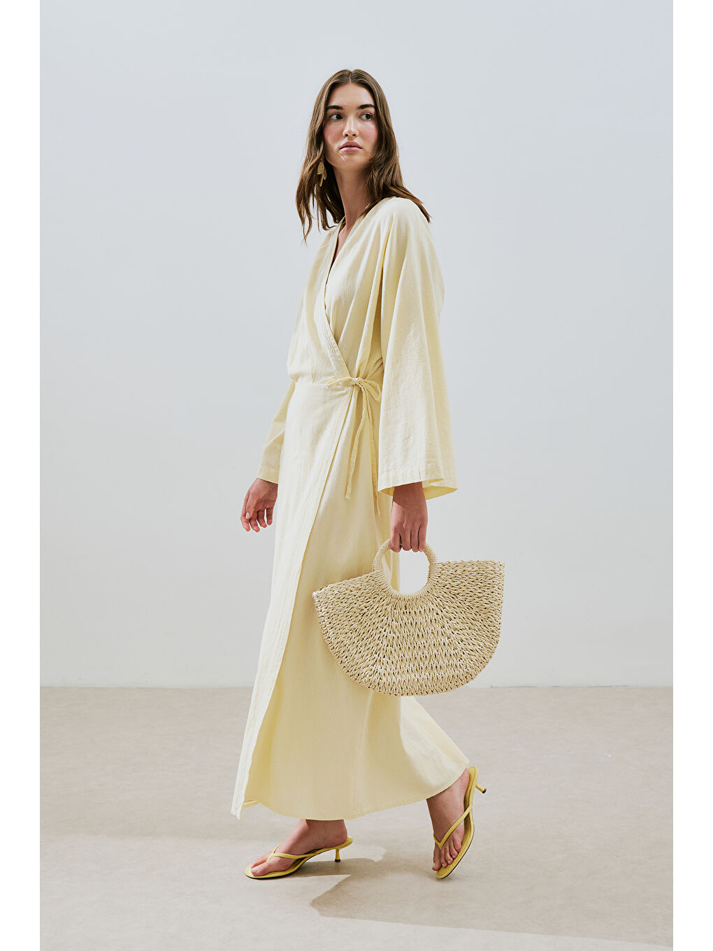 Dokulu Kruvaze Kapamalı Elbise Sarı-1