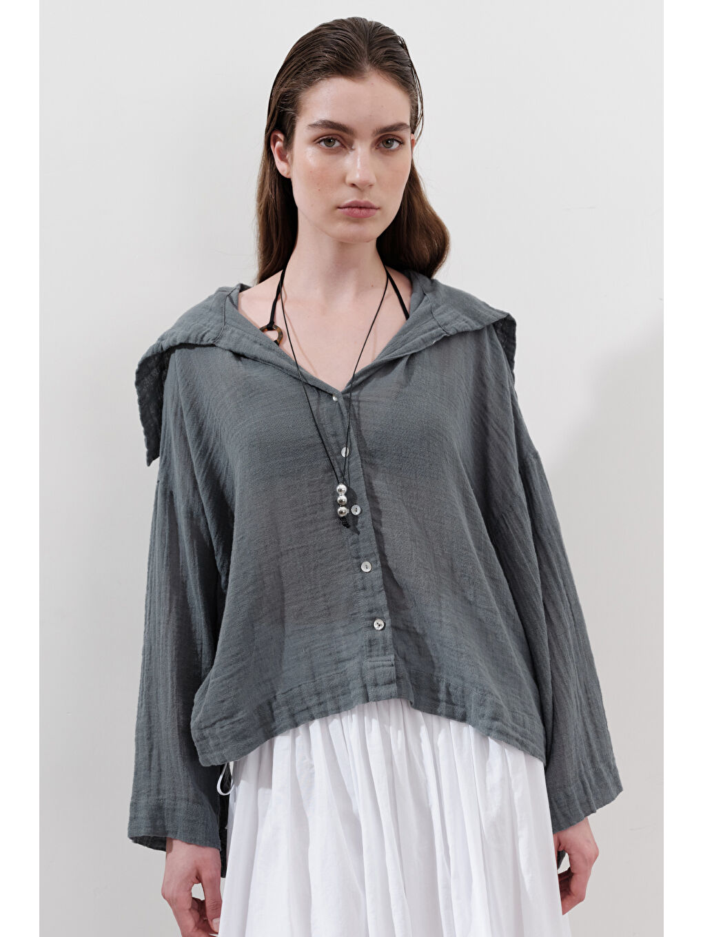 Keten Karışımlı Geniş Yakalı Gömlek Mavi