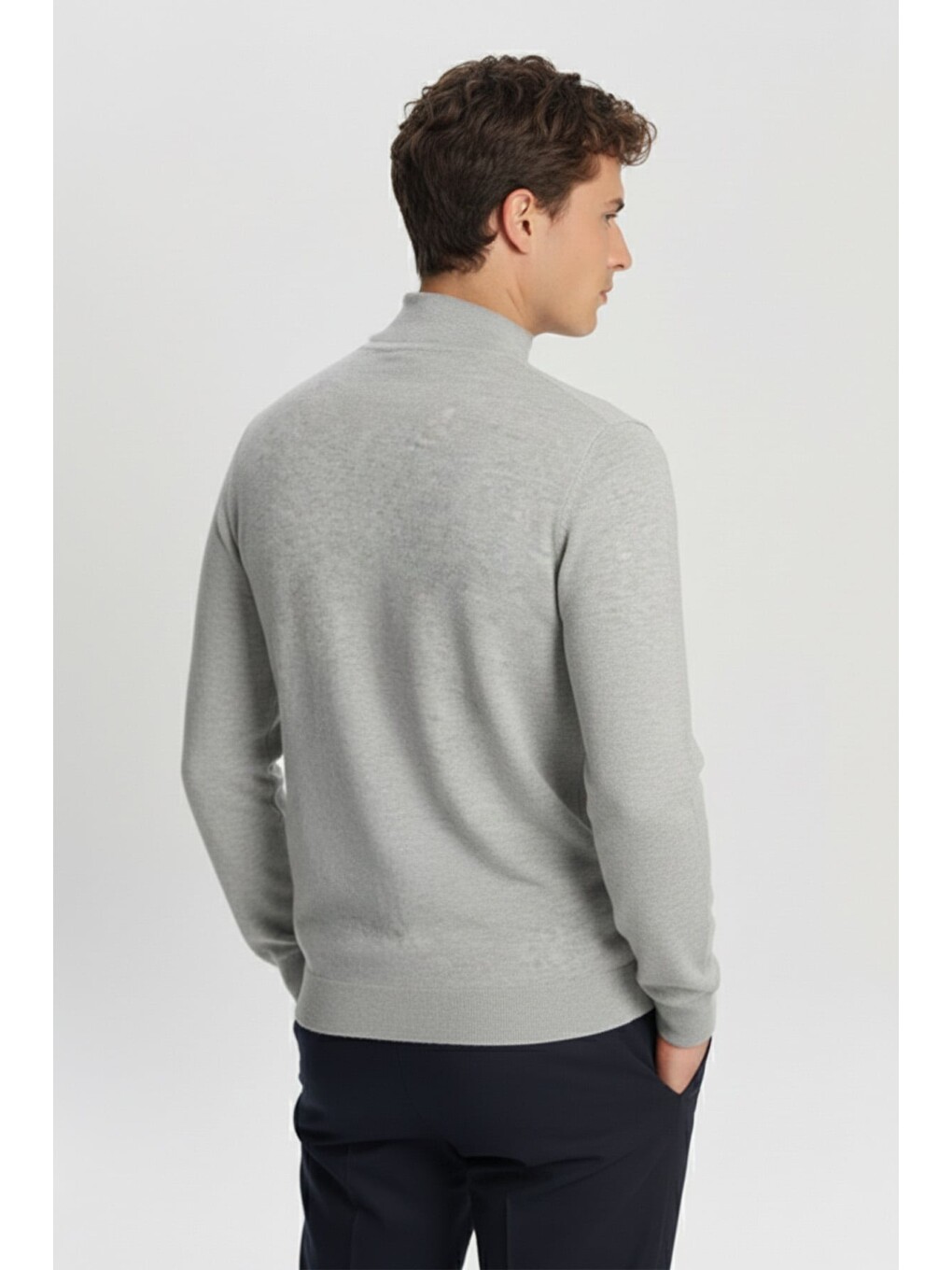 Erkek Gri Normal Kesim Regular Fit Pamuklu Yarım Balıkçı Yaka Triko Kazak-3