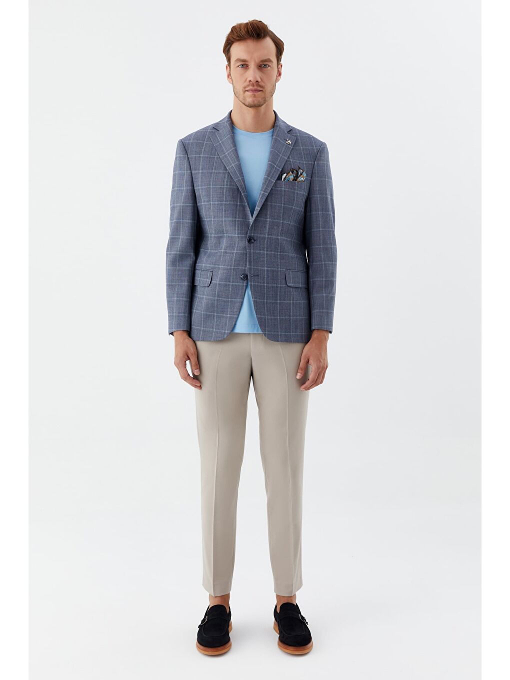 Erkek Mavi Normal Kesim Regular Fit Mono Yaka 4 Drop Blazer Ceket-1