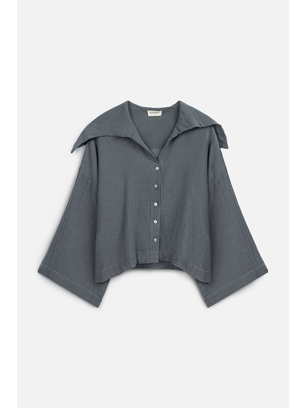 Keten Karışımlı Geniş Yakalı Gömlek Mavi-1