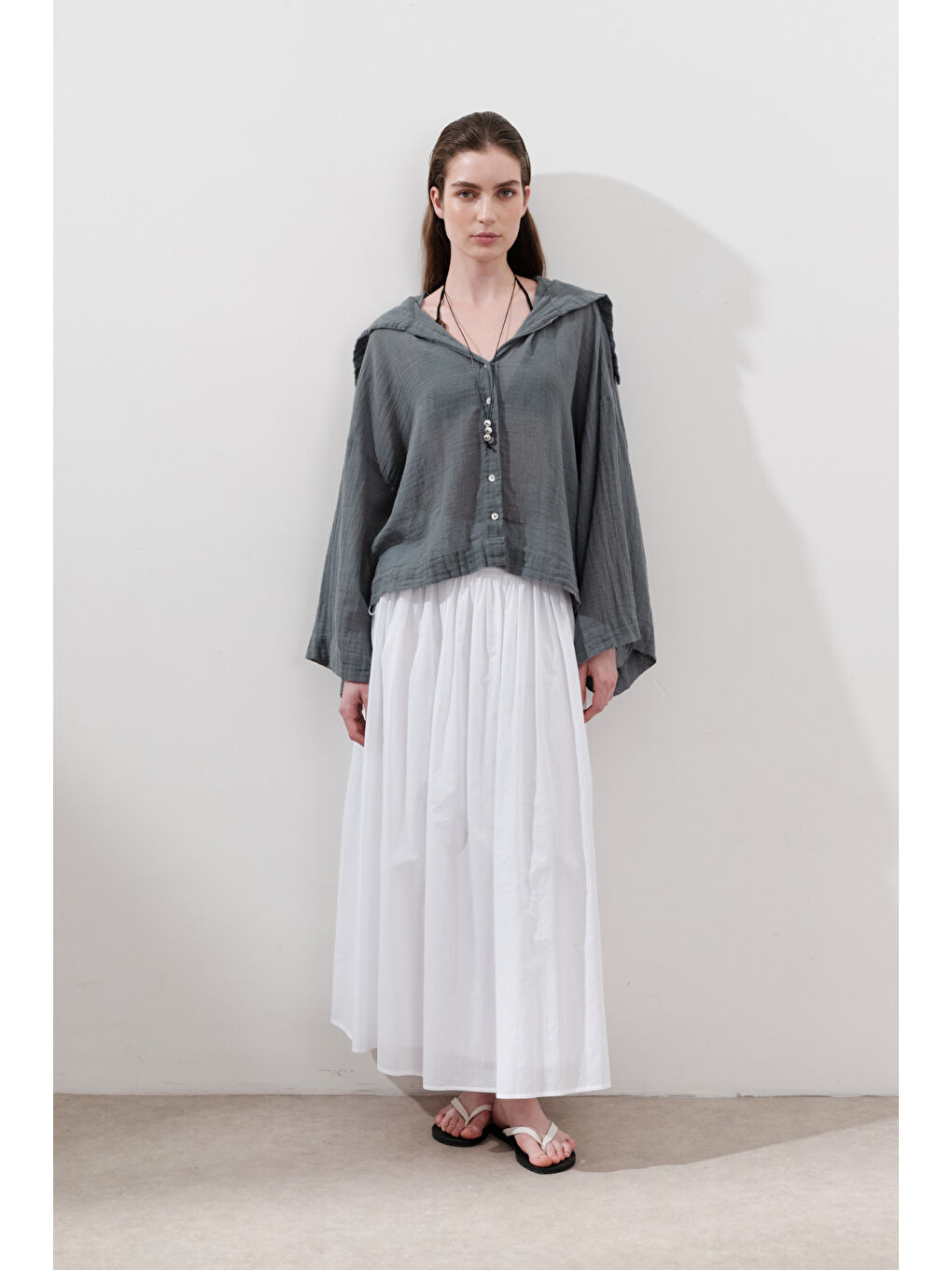 Keten Karışımlı Geniş Yakalı Gömlek Mavi-2