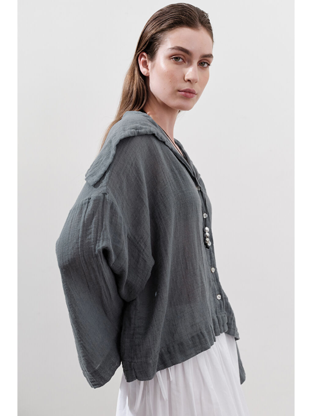 Keten Karışımlı Geniş Yakalı Gömlek Mavi-3