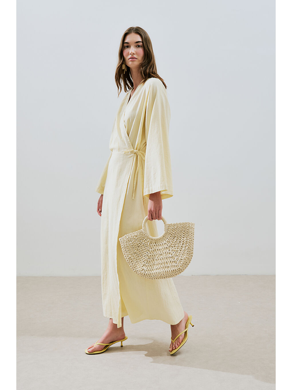 Dokulu Kruvaze Kapamalı Elbise Sarı-4