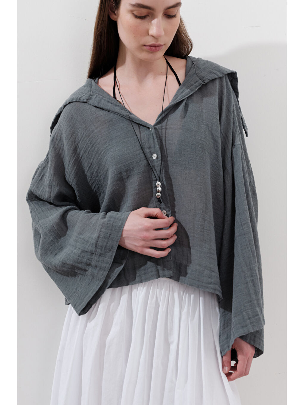 Keten Karışımlı Geniş Yakalı Gömlek Mavi-4