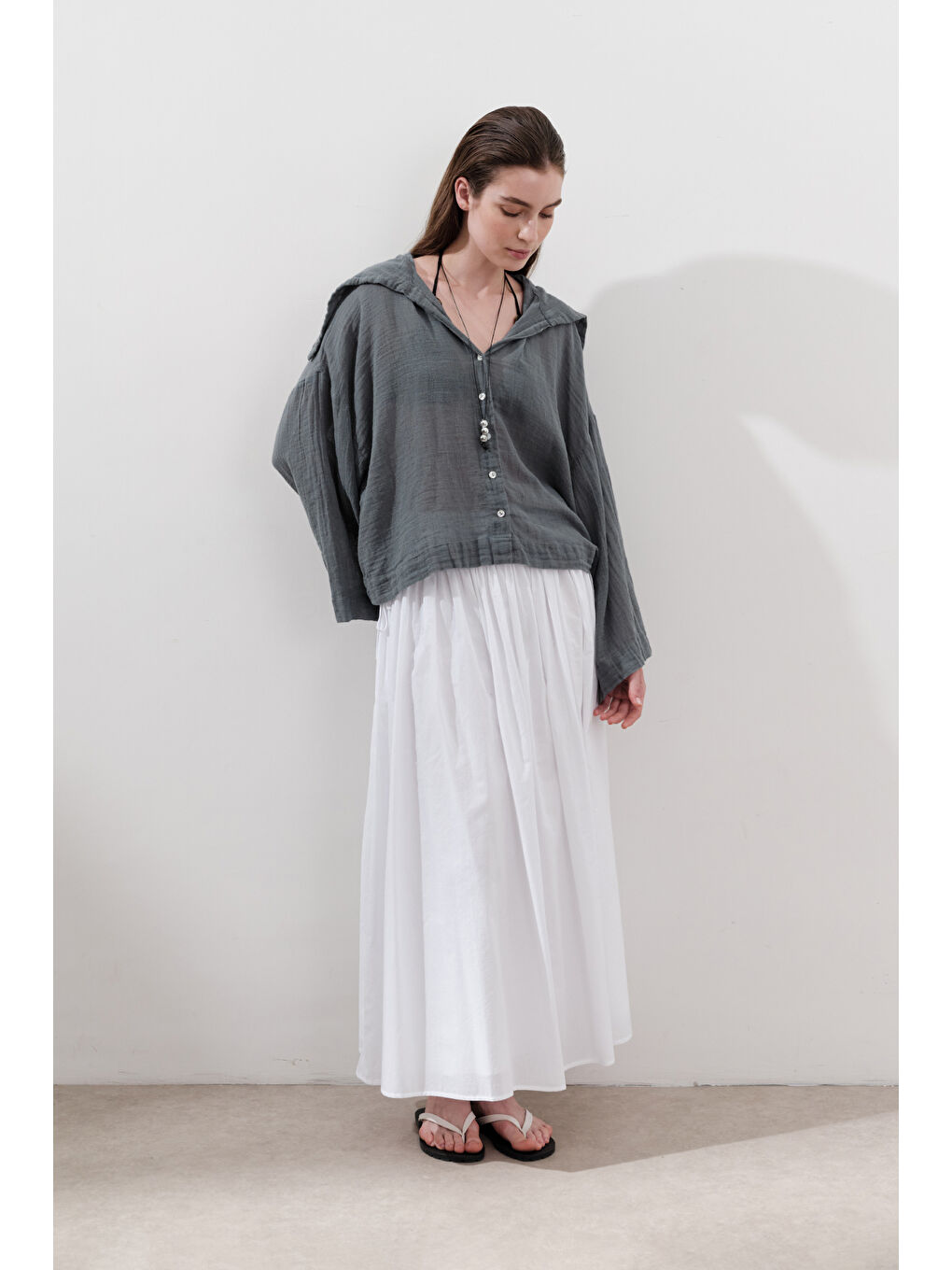 Keten Karışımlı Geniş Yakalı Gömlek Mavi-5