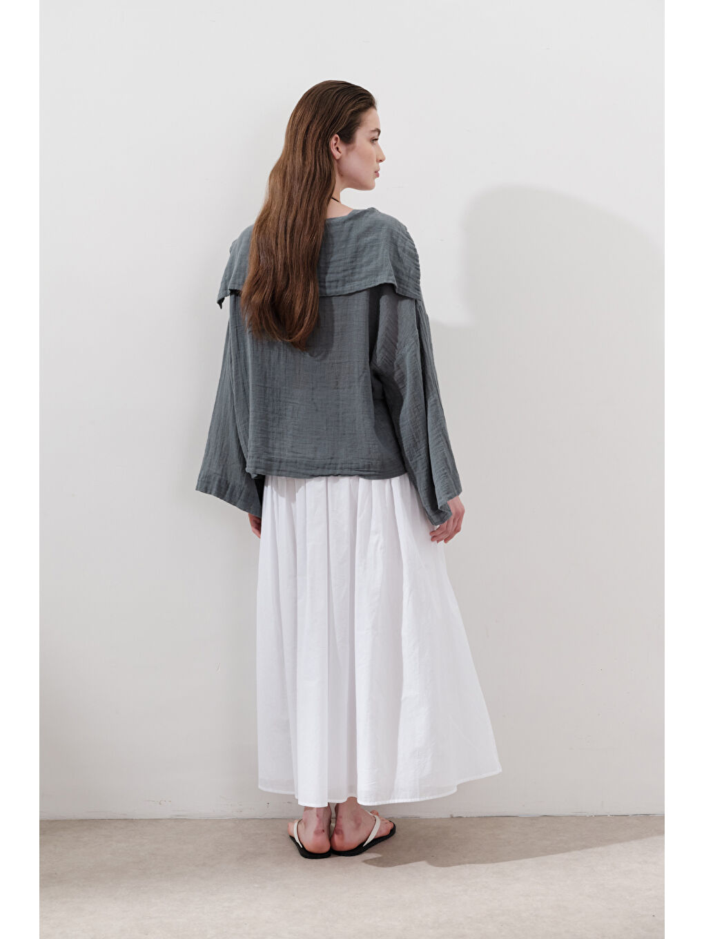 Keten Karışımlı Geniş Yakalı Gömlek Mavi-6