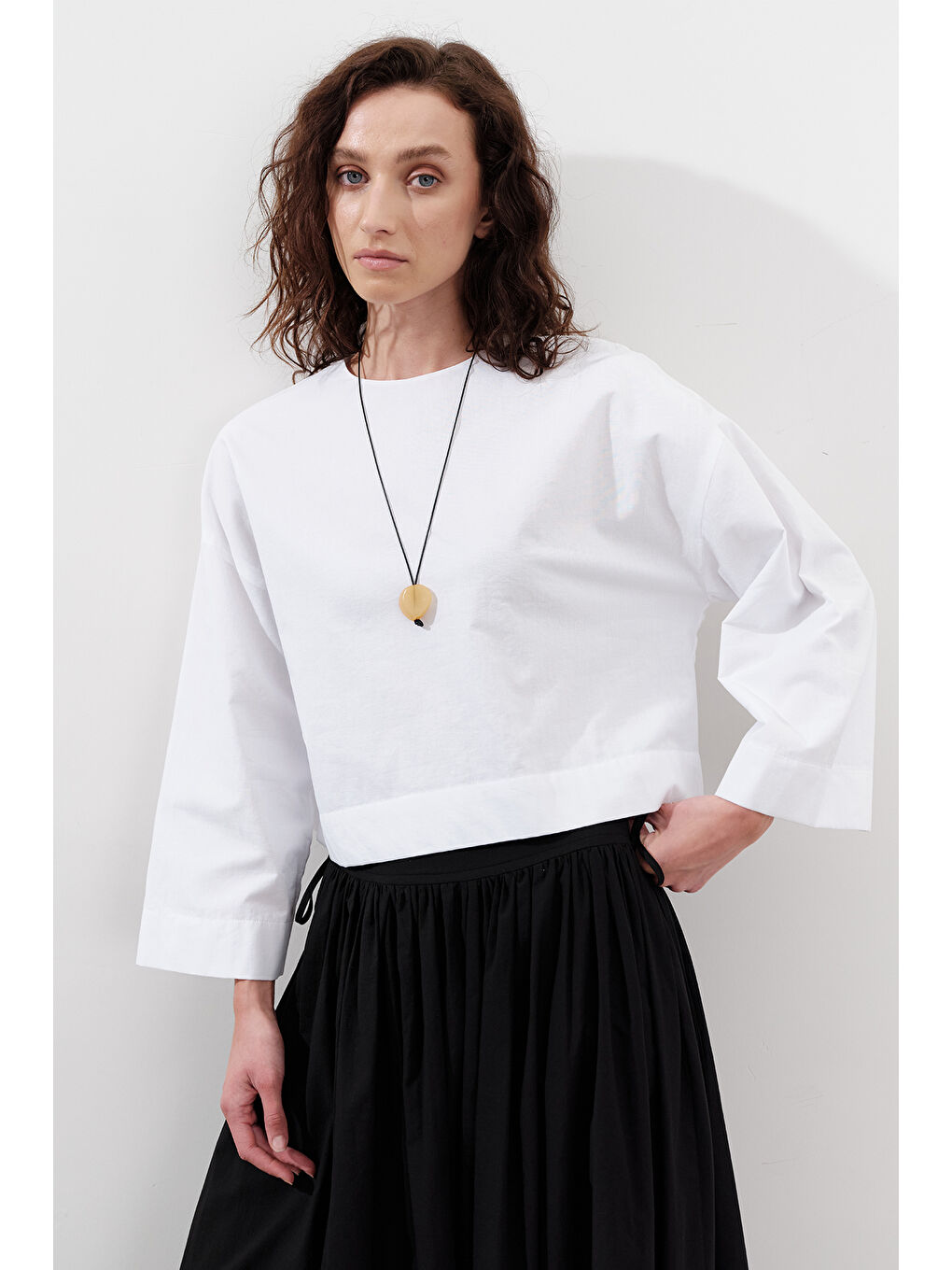 Pamuklu Crop Uzun Kol Bluz Ekru-2