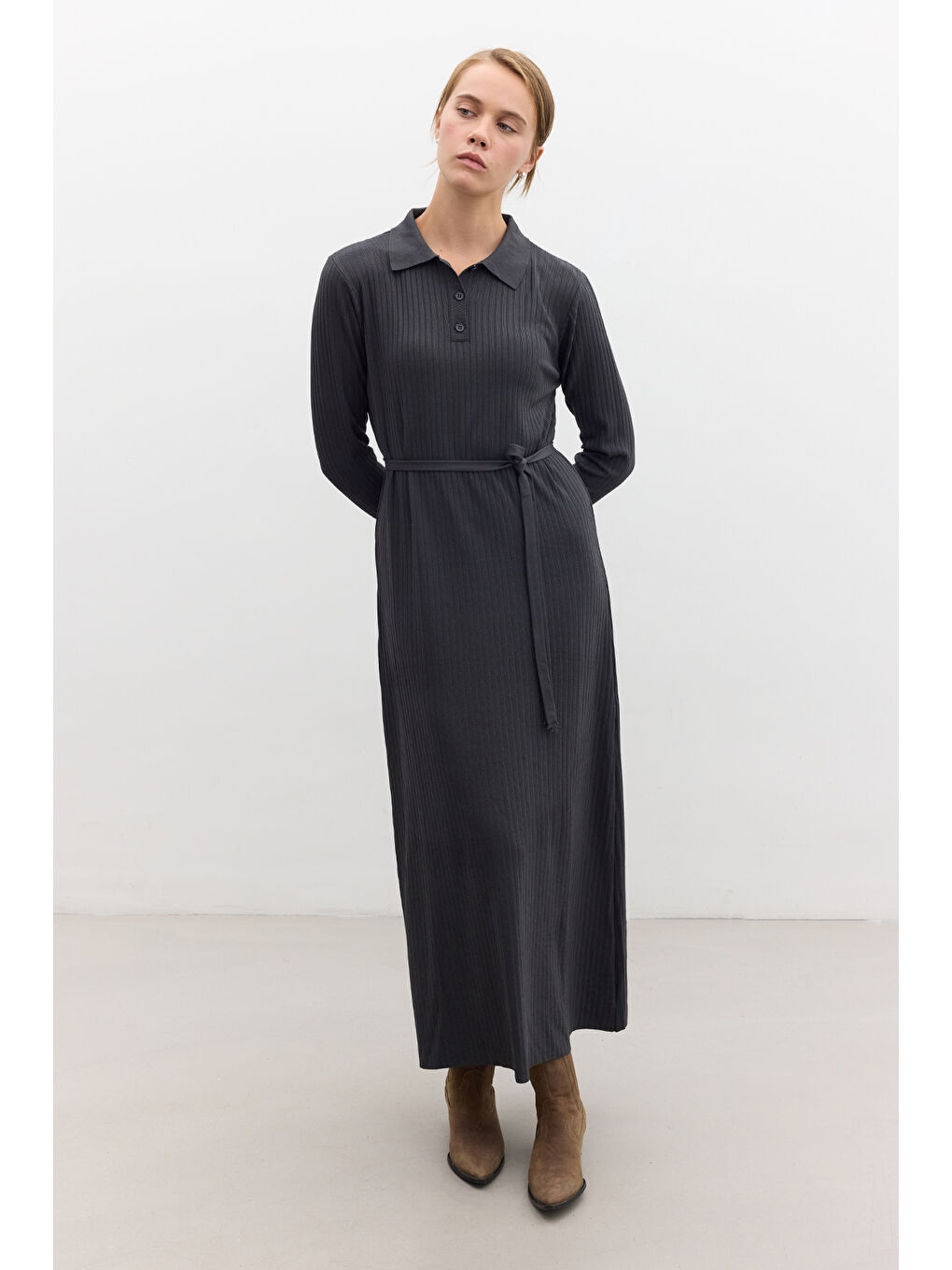 Yakalı Triko Elbise Antrasit-3