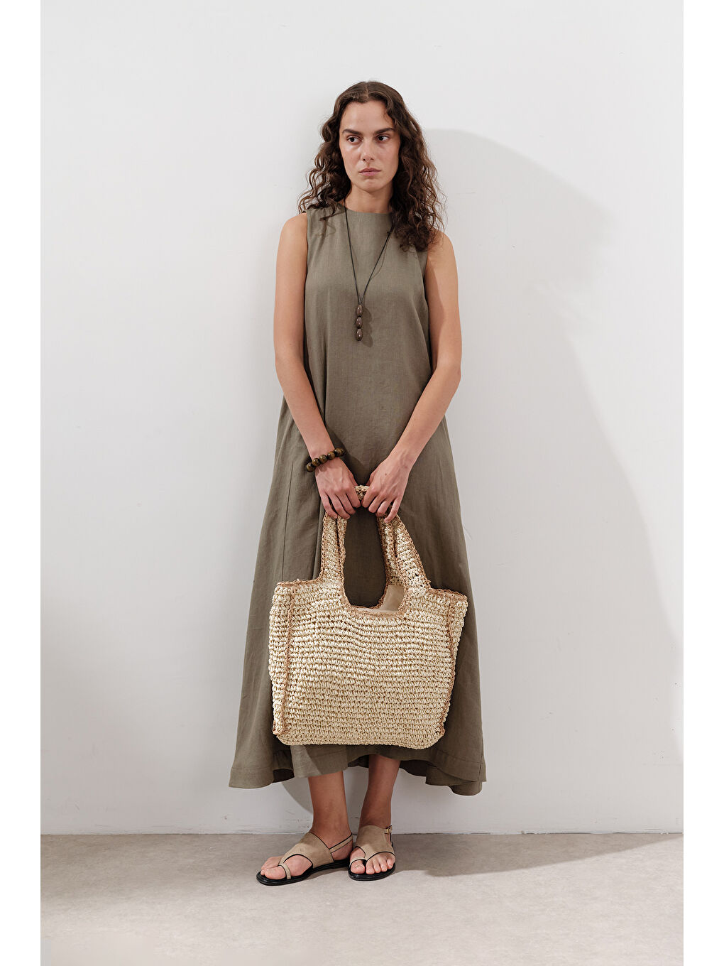 Kontrast Detaylı Hasır Çanta Bej-2