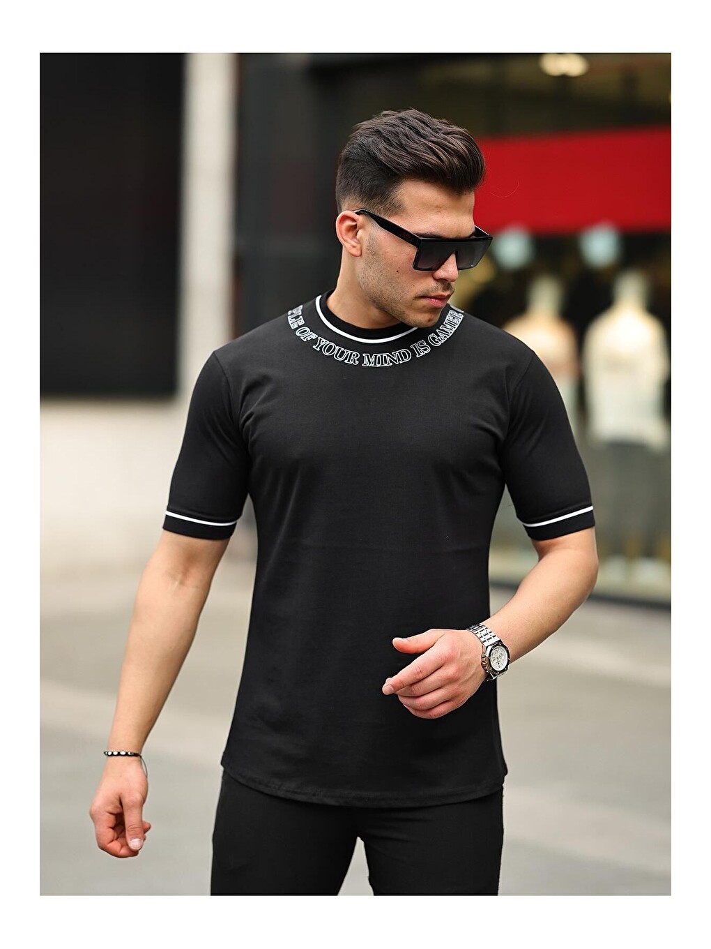 Siyah Erkek Slim Fit Boyun Baskılı Tişört-2