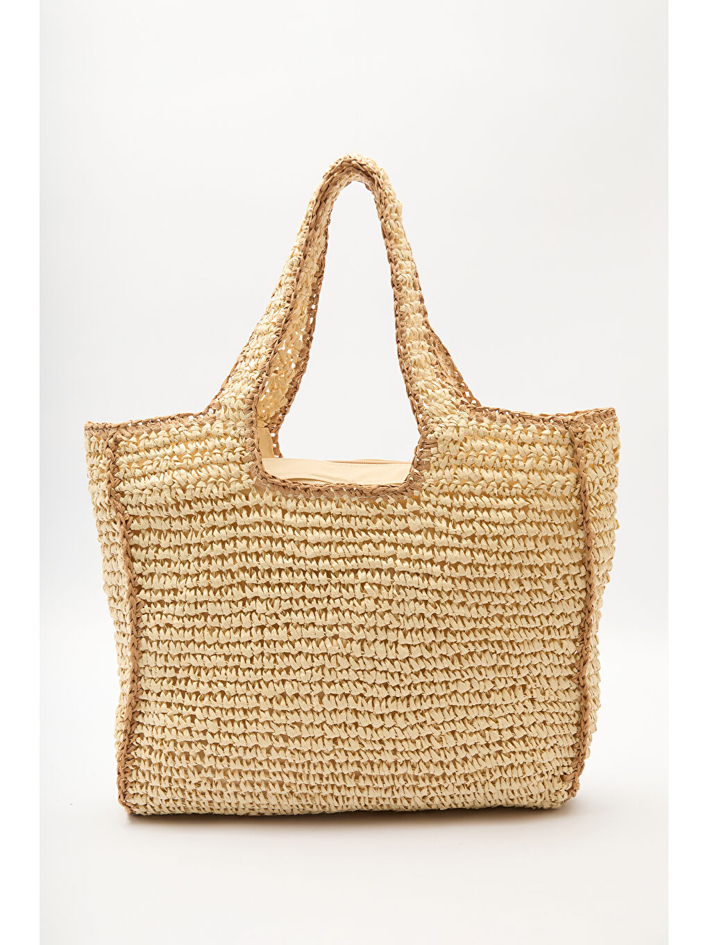 Kontrast Detaylı Hasır Çanta Bej-3