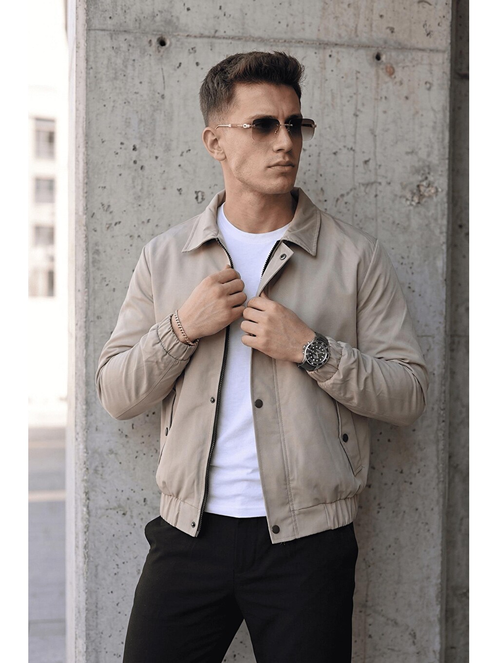 Bej Muxi Slim Fit Fermuarlı Ve Çıtçıt Korumalı Astarlı Suya Dayanıklı Erkek Mevsimlik Bomber Ceket-1