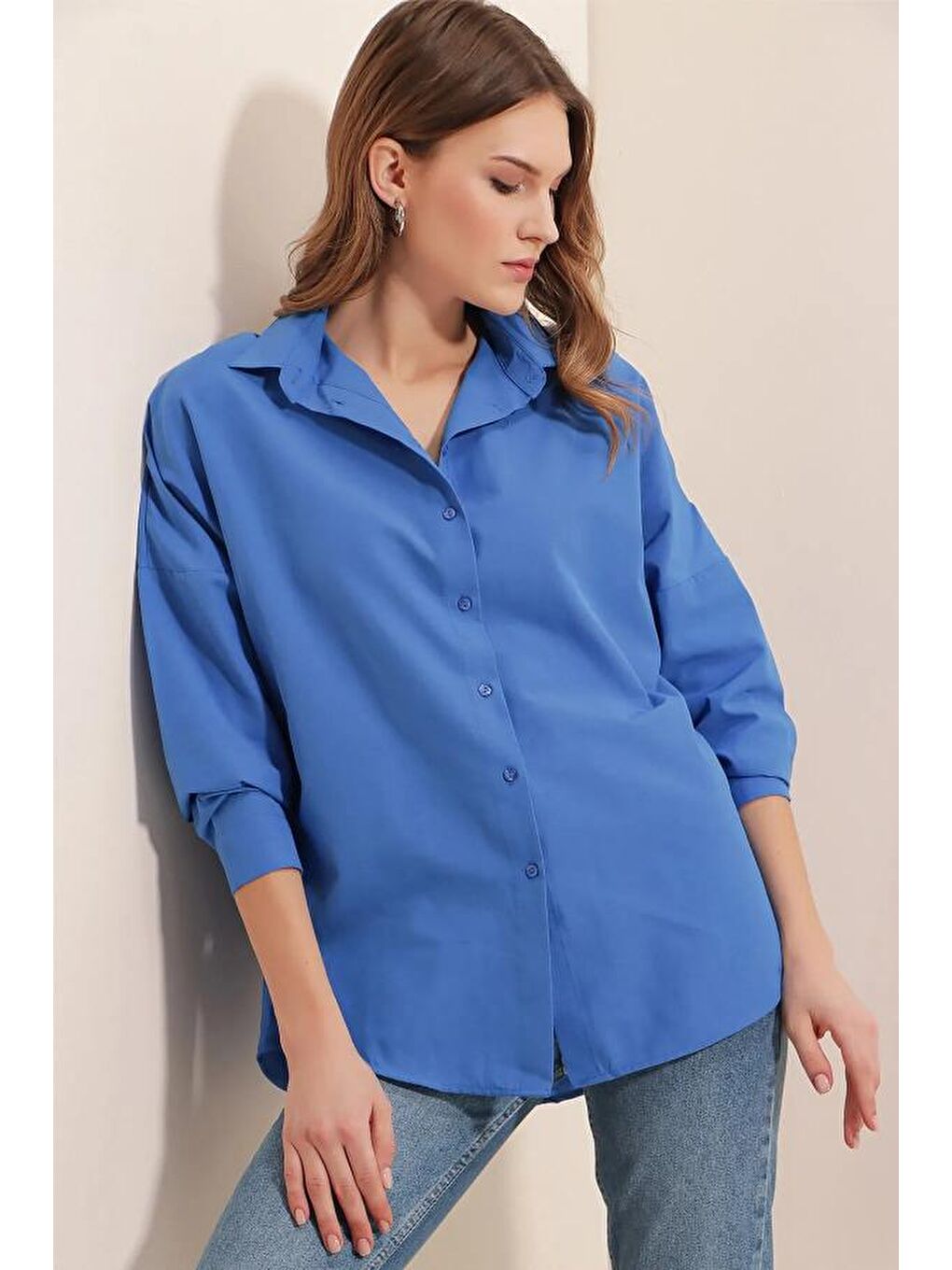 Mavi Oversize Uzun Basic Kadın Gömlek-1