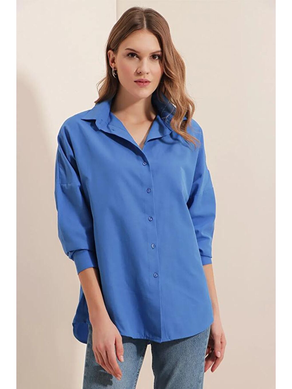 Mavi Oversize Uzun Basic Kadın Gömlek-2