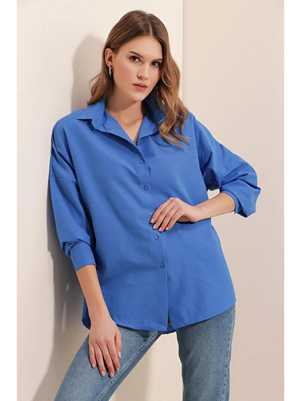 Mavi Oversize Uzun Basic Kadın Gömlek-3