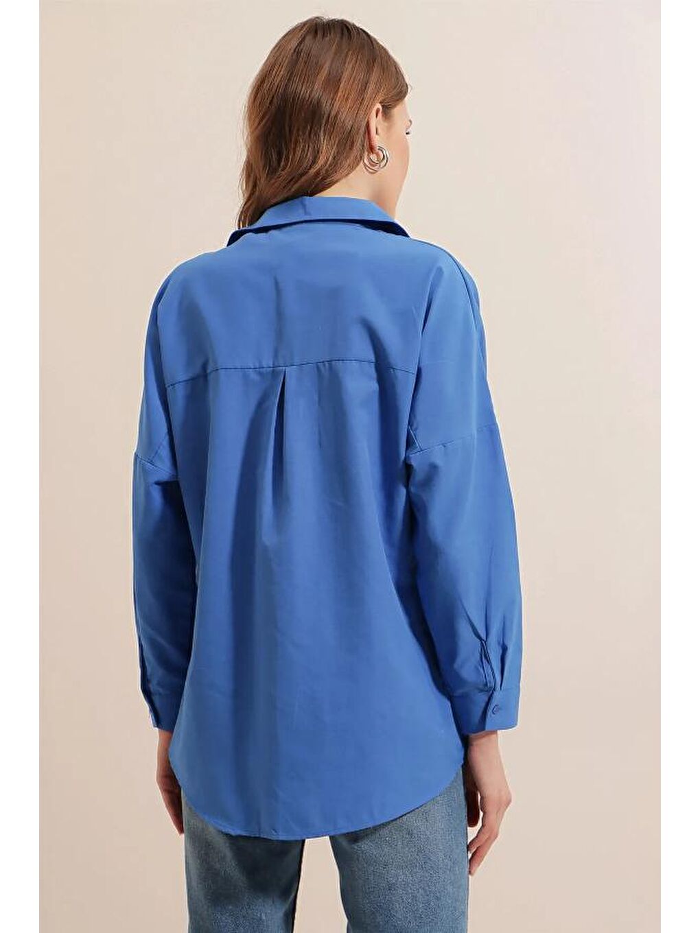 Mavi Oversize Uzun Basic Kadın Gömlek-4
