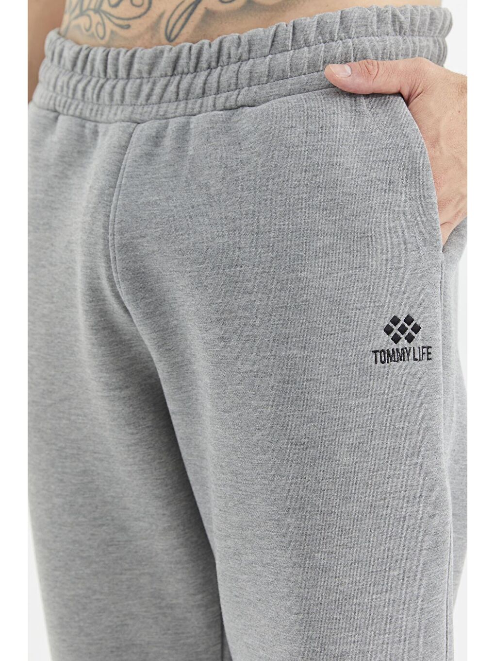 Gri Melanj Dik Yaka Fermuarlı Kanguru Cep Detaylı Rahat Kalıp Erkek Eşofman Takımı - 85219-1