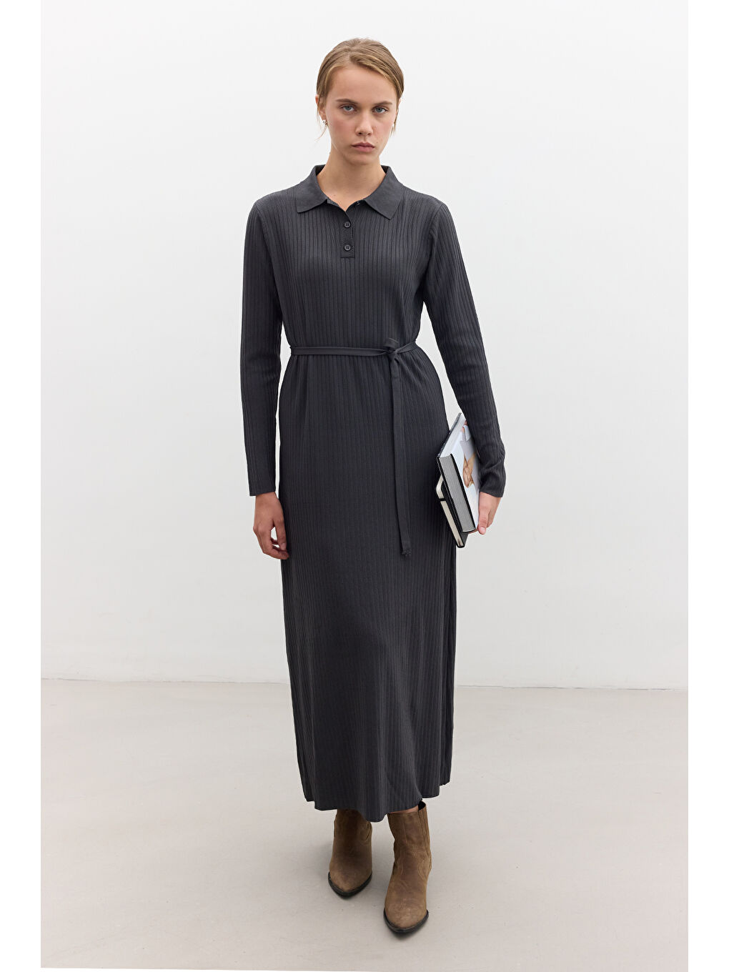 Yakalı Triko Elbise Antrasit-6