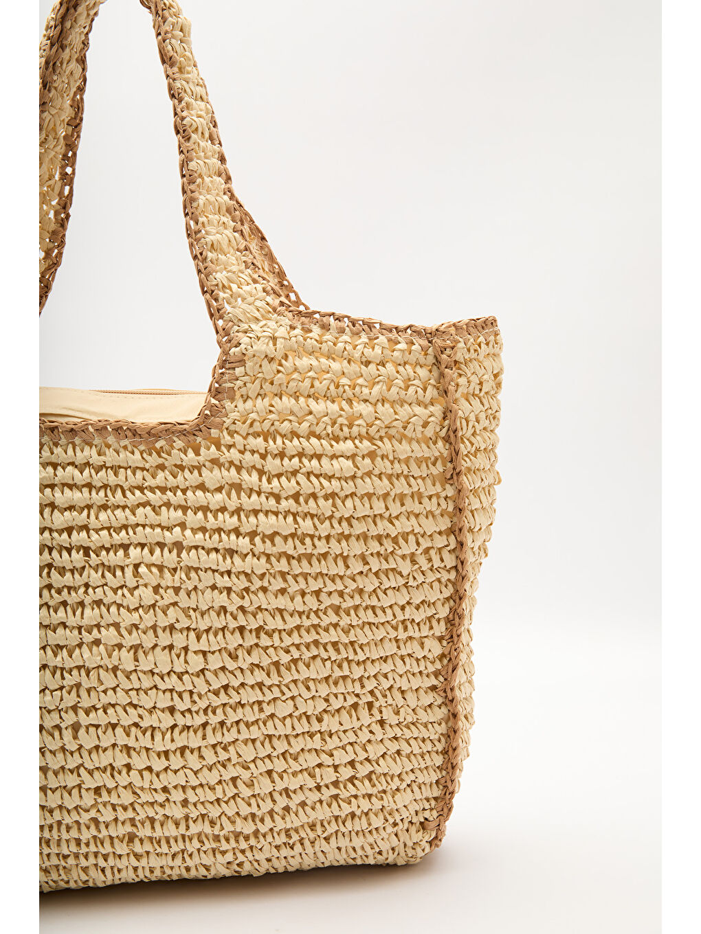 Kontrast Detaylı Hasır Çanta Bej-4