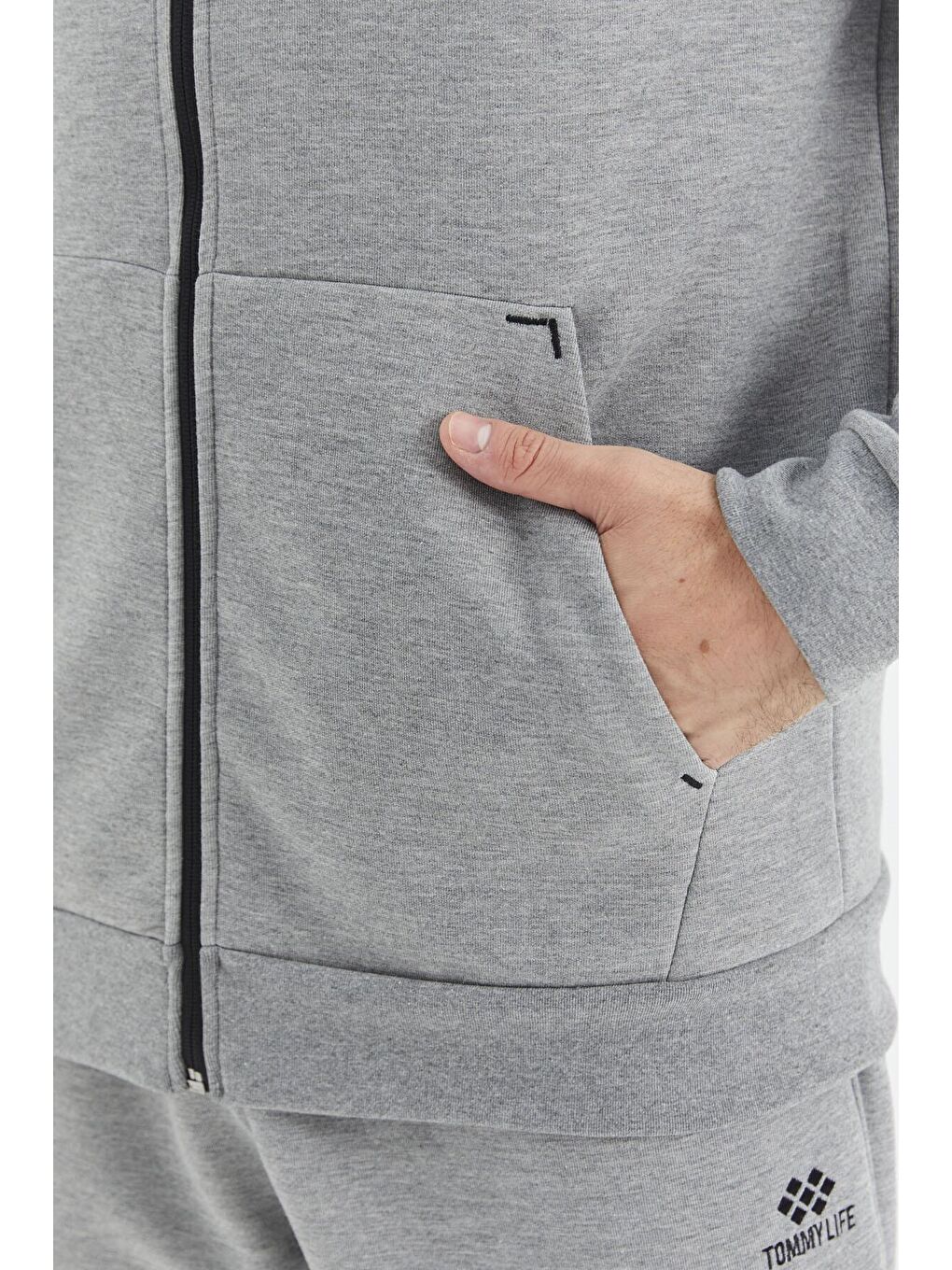 Gri Melanj Dik Yaka Fermuarlı Kanguru Cep Detaylı Rahat Kalıp Erkek Eşofman Takımı - 85219-2