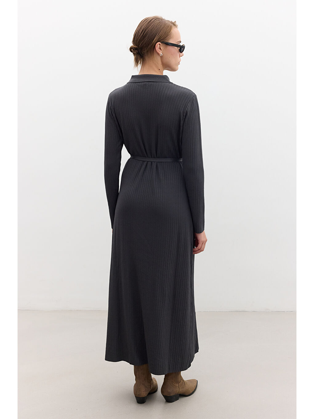 Yakalı Triko Elbise Antrasit-7