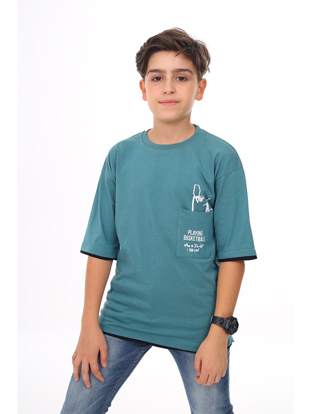 Yeşil Erkek Çocuk Cep Baskılı T-Shirt 9-14 Yaş