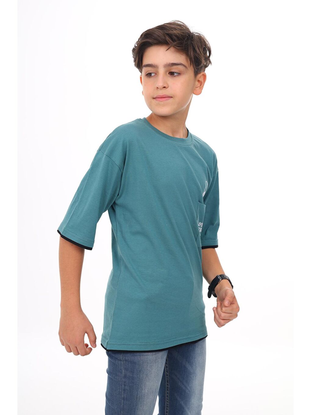Yeşil Erkek Çocuk Cep Baskılı T-Shirt 9-14 Yaş-1