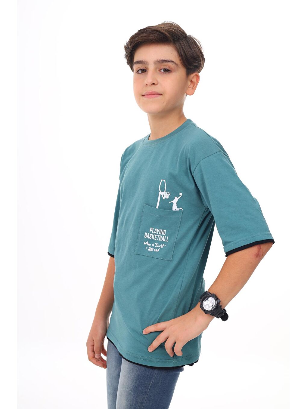 Yeşil Erkek Çocuk Cep Baskılı T-Shirt 9-14 Yaş-2