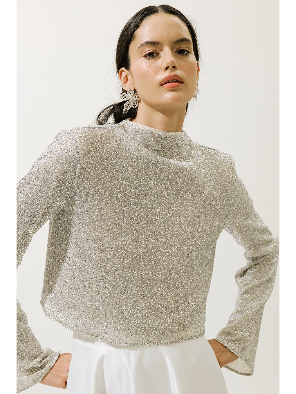 Bej Işıltılı Uzun Kol Bluz Nude-4