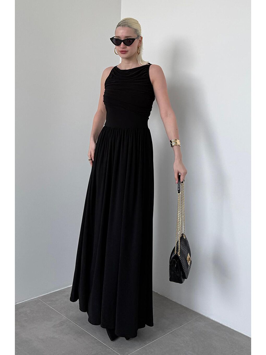 Siyah Önü Dökümlü Uzun Boy Kadın Elbise Mg2364-1