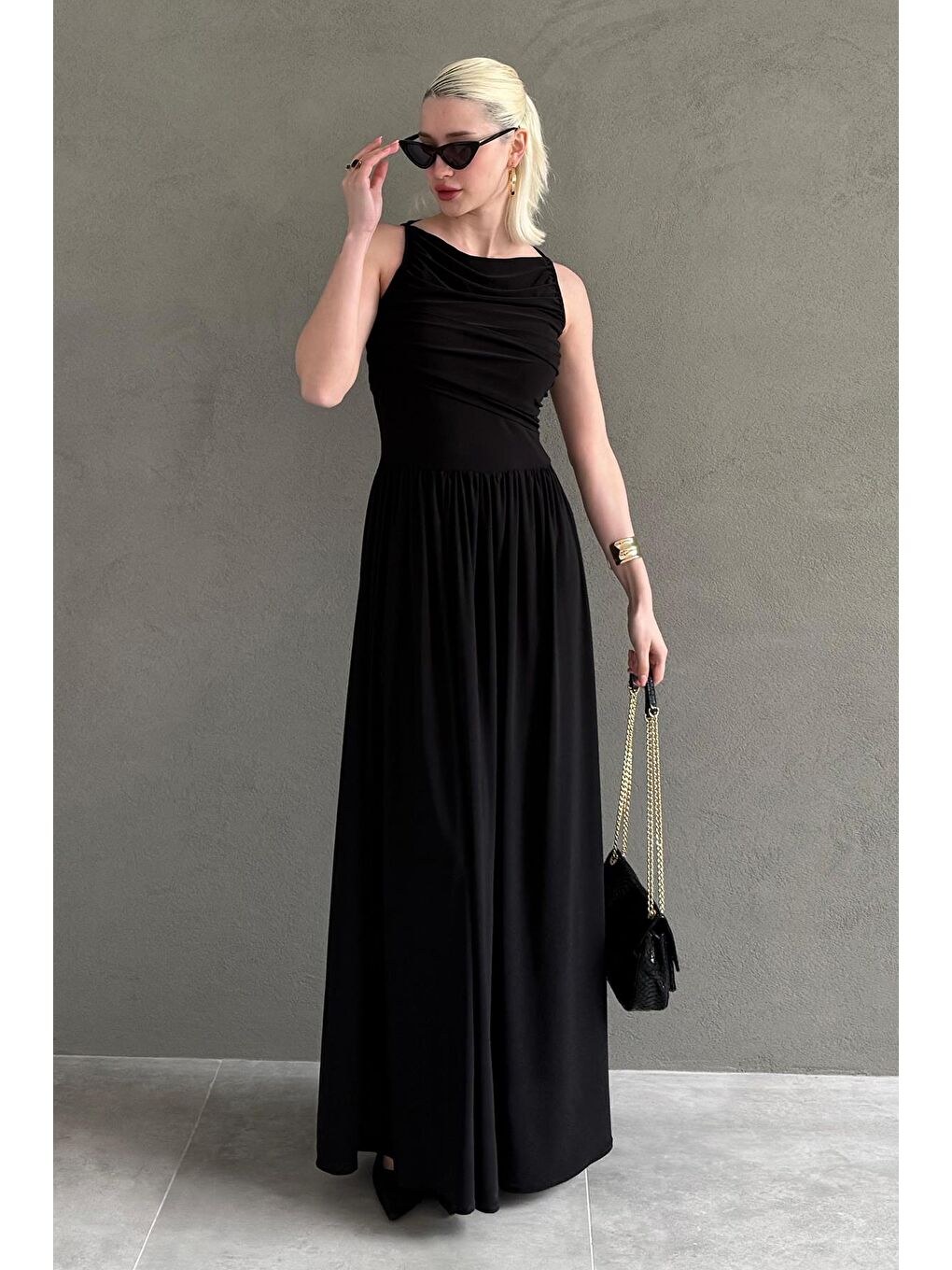 Siyah Önü Dökümlü Uzun Boy Kadın Elbise Mg2364-3