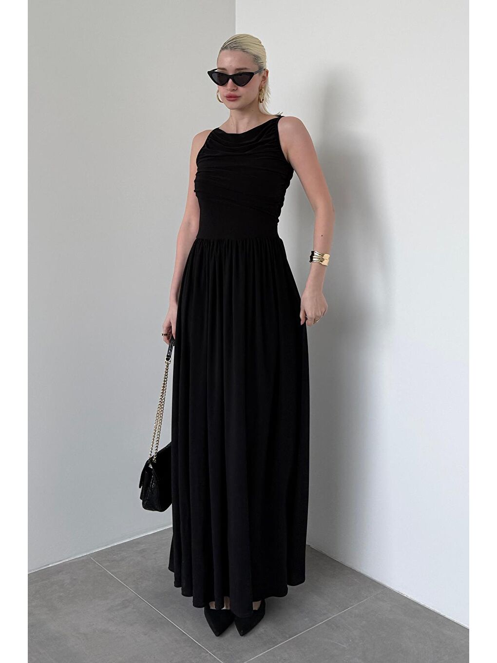 Siyah Önü Dökümlü Uzun Boy Kadın Elbise Mg2364-5