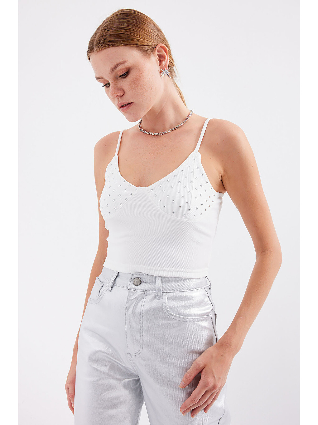 918 İp Askılı Crop Top - Beyaz