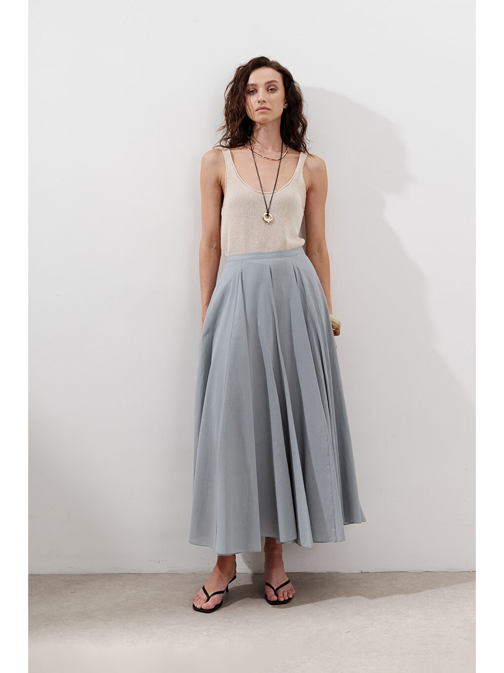 Parçalı Geniş Pamuklu Etek Mavi