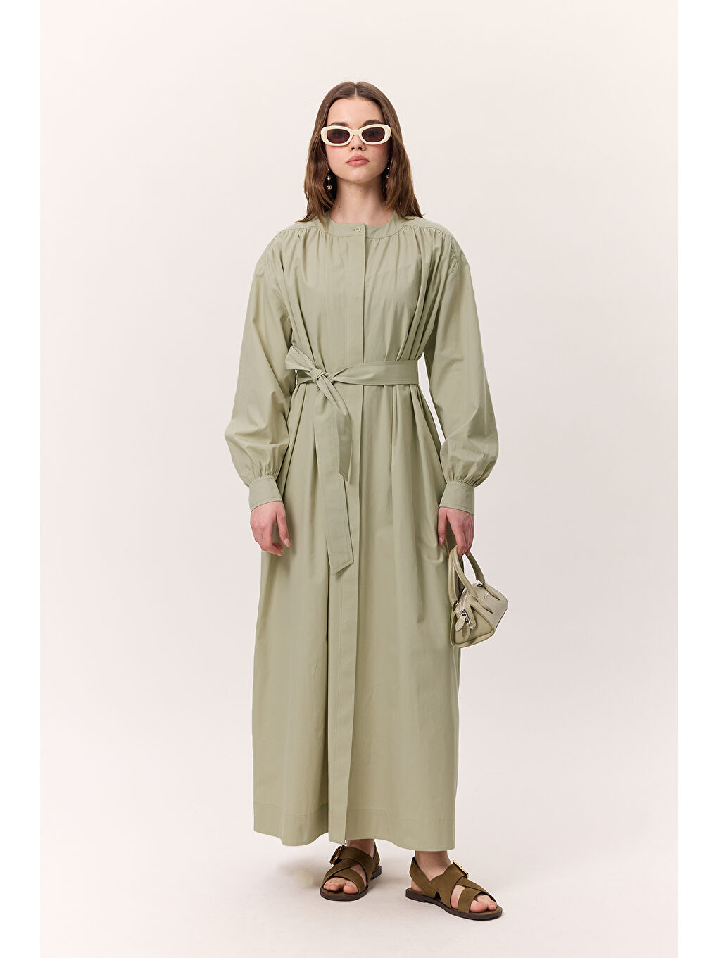 Yeşil Büzgü Detaylı Geniş Gömlek Elbise Çağla